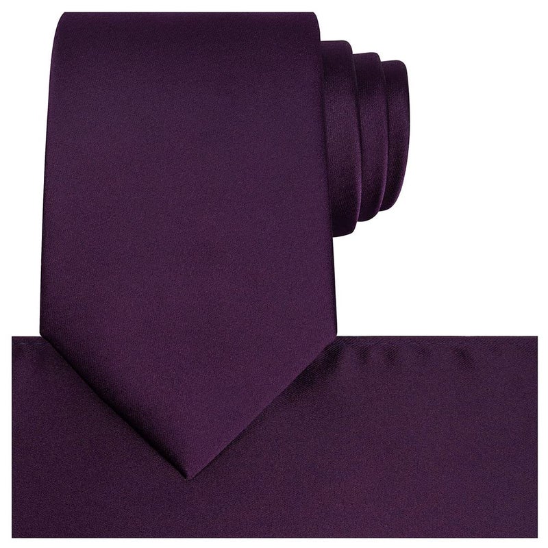KissTies Plum Purple Satin Tie Set Solid Ties Mens Necktie + Pocket Square - Image 1